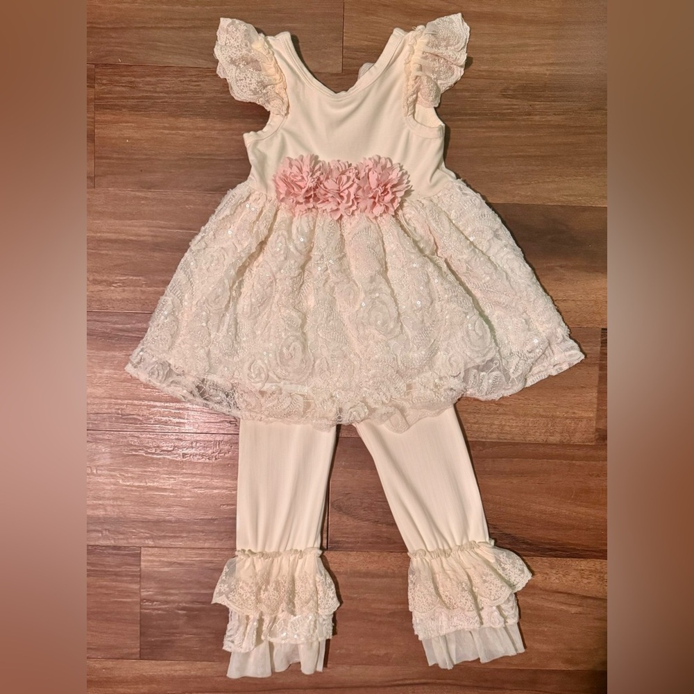 Purr Fect Toddler Girls Cream and Pink Lace Dress with Leggings Set Size 4t